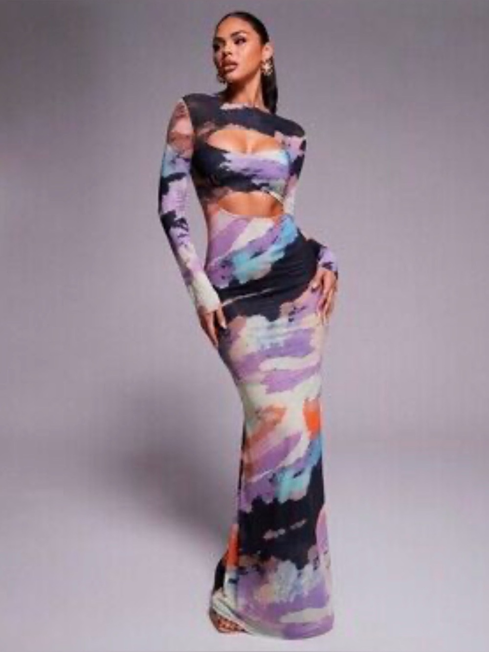 REVOLVE AFRM Mesh Long Sleeve Cut Out Water Colour Dress